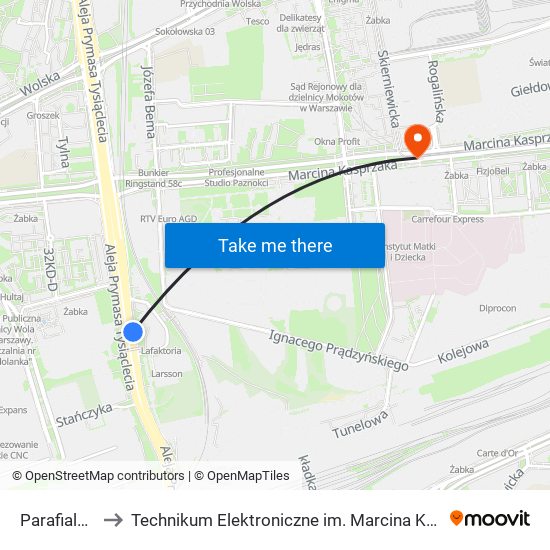 Parafialna 02 to Technikum Elektroniczne im. Marcina Kasprzaka nr 36 map