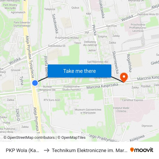 PKP Wola (Kasprzaka) 06 to Technikum Elektroniczne im. Marcina Kasprzaka nr 36 map