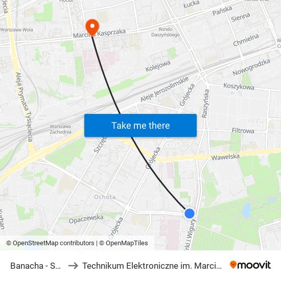 Banacha - Szpital 04 to Technikum Elektroniczne im. Marcina Kasprzaka nr 36 map