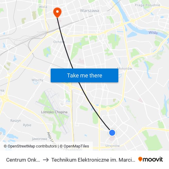 Centrum Onkologii 04 to Technikum Elektroniczne im. Marcina Kasprzaka nr 36 map