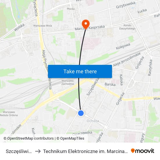 Szczęśliwicka 01 to Technikum Elektroniczne im. Marcina Kasprzaka nr 36 map