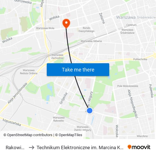 Rakowiec 03 to Technikum Elektroniczne im. Marcina Kasprzaka nr 36 map