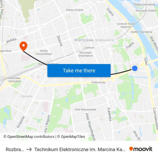 Rozbrat to Technikum Elektroniczne im. Marcina Kasprzaka nr 36 map