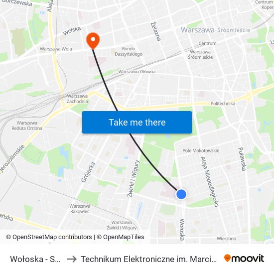 Wołoska-Szpital to Technikum Elektroniczne im. Marcina Kasprzaka nr 36 map