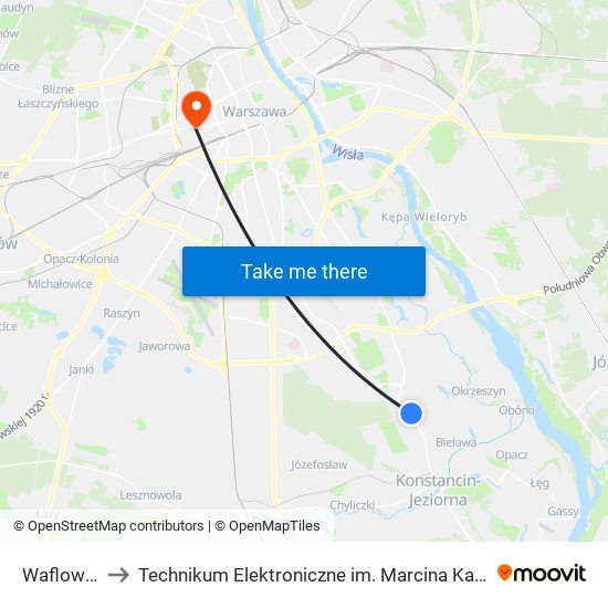 Waflowa 04 to Technikum Elektroniczne im. Marcina Kasprzaka nr 36 map