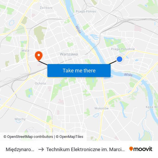 Międzynarodowa 01 to Technikum Elektroniczne im. Marcina Kasprzaka nr 36 map