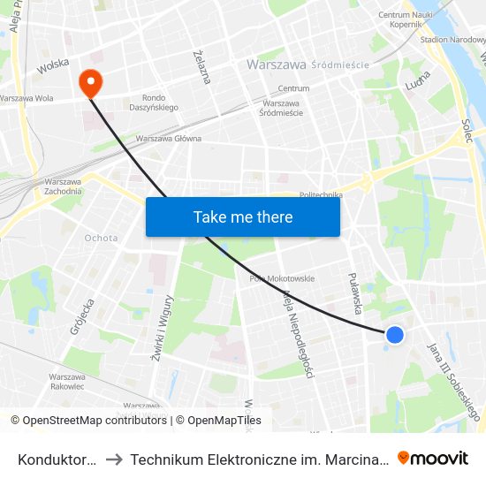 Konduktorska 02 to Technikum Elektroniczne im. Marcina Kasprzaka nr 36 map