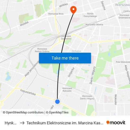 Hynka to Technikum Elektroniczne im. Marcina Kasprzaka nr 36 map