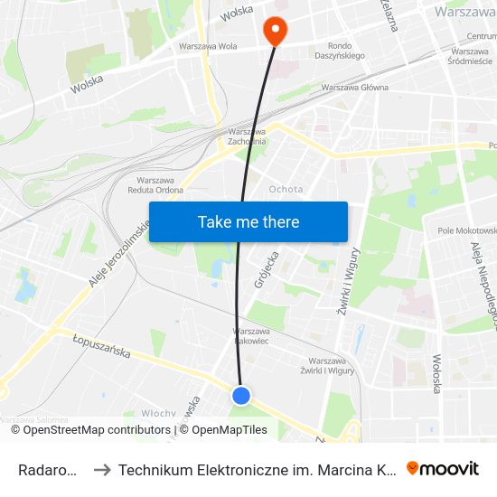 Radarowa to Technikum Elektroniczne im. Marcina Kasprzaka nr 36 map