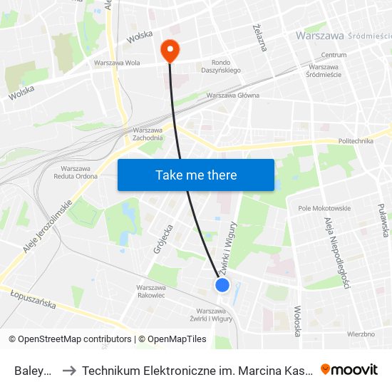 Baleya to Technikum Elektroniczne im. Marcina Kasprzaka nr 36 map