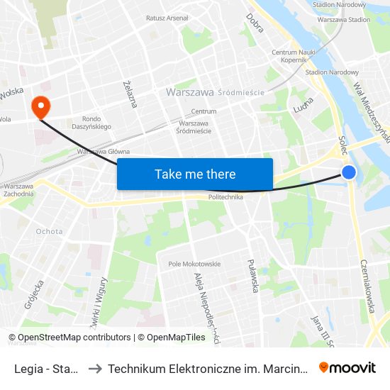 Legia - Stadion 03 to Technikum Elektroniczne im. Marcina Kasprzaka nr 36 map