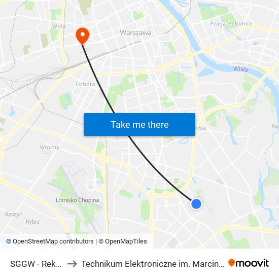 SGGW - Rektorat 01 to Technikum Elektroniczne im. Marcina Kasprzaka nr 36 map