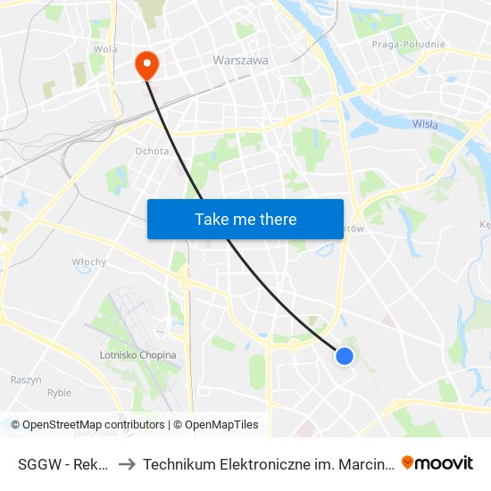 SGGW - Rektorat 02 to Technikum Elektroniczne im. Marcina Kasprzaka nr 36 map