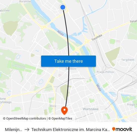 Milenijna 01 to Technikum Elektroniczne im. Marcina Kasprzaka nr 36 map