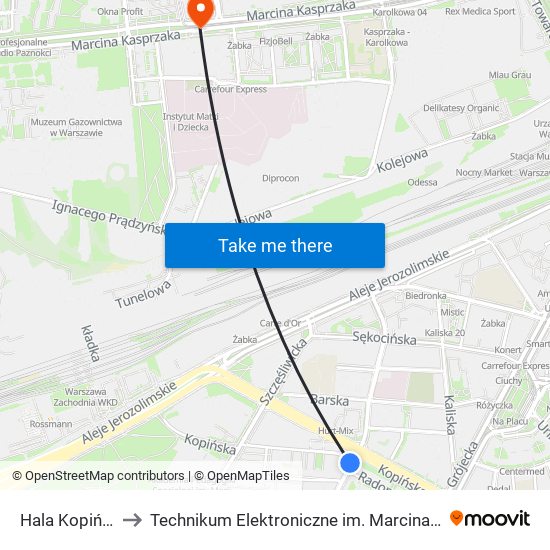 Hala Kopińska 04 to Technikum Elektroniczne im. Marcina Kasprzaka nr 36 map