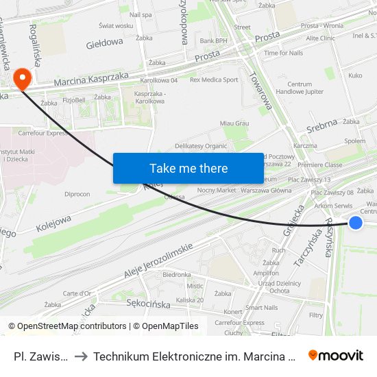 Pl. Zawiszy 07 to Technikum Elektroniczne im. Marcina Kasprzaka nr 36 map