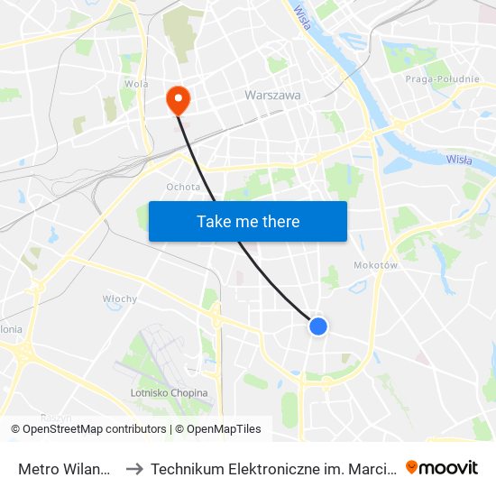 Metro Wilanowska 15 to Technikum Elektroniczne im. Marcina Kasprzaka nr 36 map