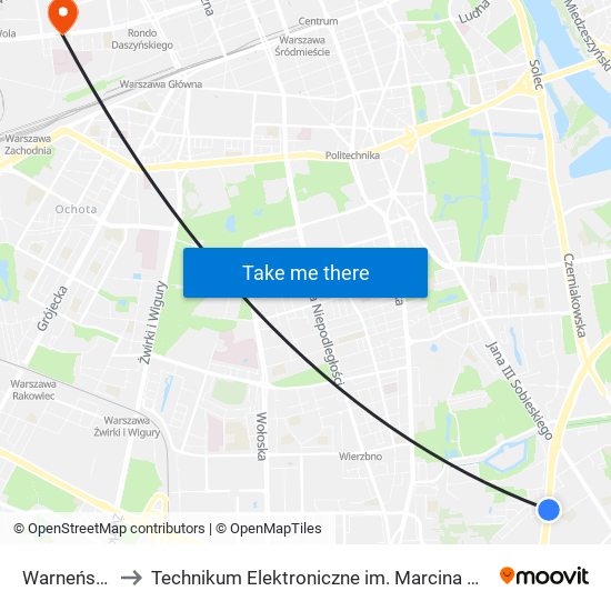 Warneńska 02 to Technikum Elektroniczne im. Marcina Kasprzaka nr 36 map