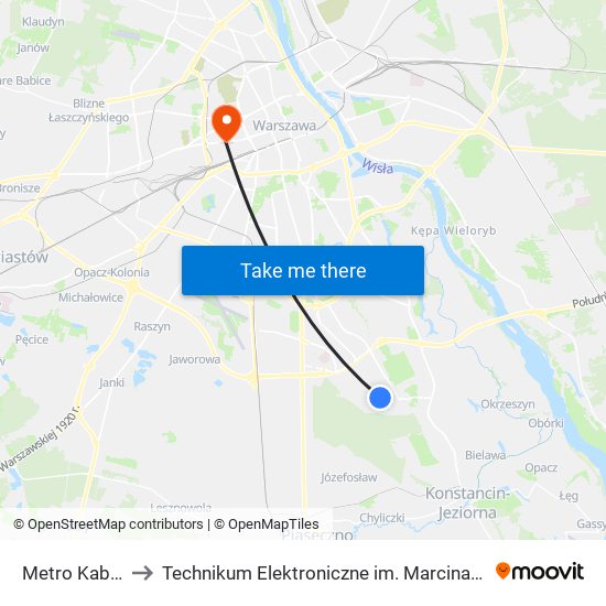 Metro Kabaty 02 to Technikum Elektroniczne im. Marcina Kasprzaka nr 36 map