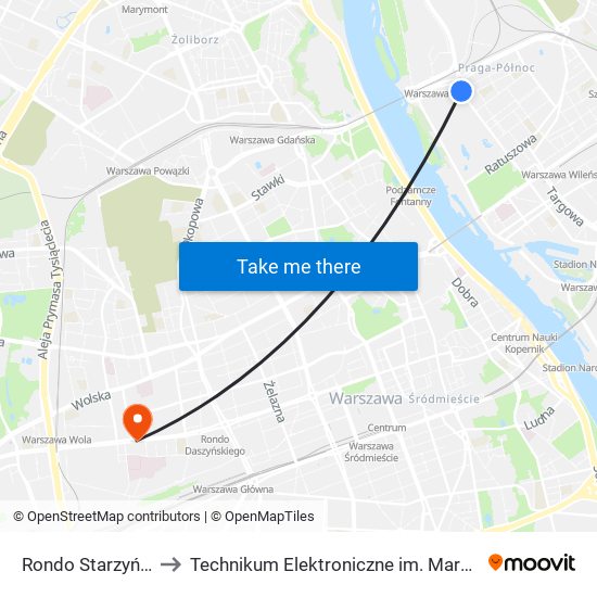 Rondo Starzyńskiego 09 to Technikum Elektroniczne im. Marcina Kasprzaka nr 36 map