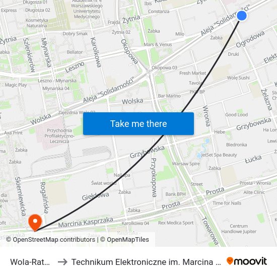 Wola-Ratusz to Technikum Elektroniczne im. Marcina Kasprzaka nr 36 map