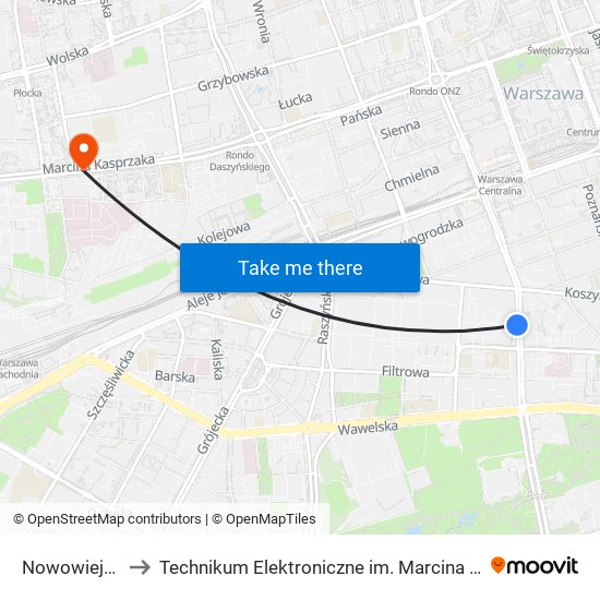 Nowowiejska 01 to Technikum Elektroniczne im. Marcina Kasprzaka nr 36 map