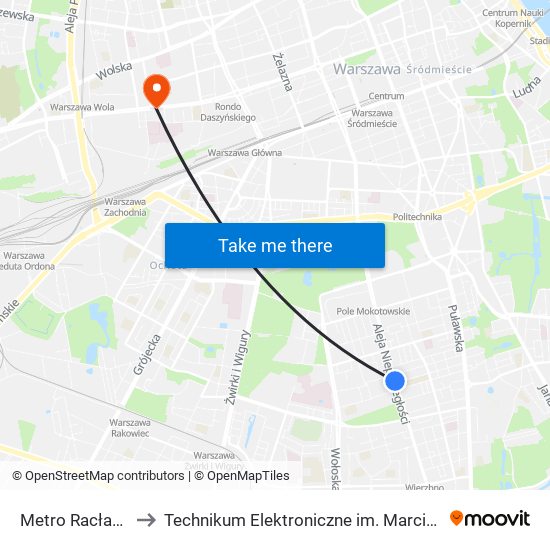 Metro Racławicka 01 to Technikum Elektroniczne im. Marcina Kasprzaka nr 36 map