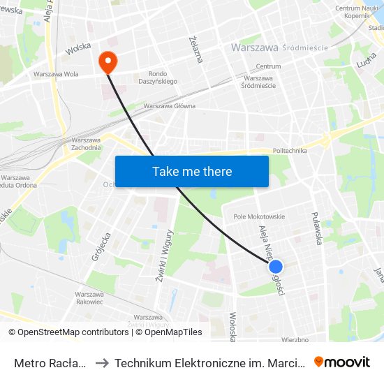 Metro Racławicka 02 to Technikum Elektroniczne im. Marcina Kasprzaka nr 36 map