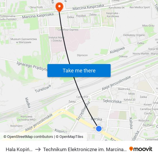 Hala Kopińska 02 to Technikum Elektroniczne im. Marcina Kasprzaka nr 36 map