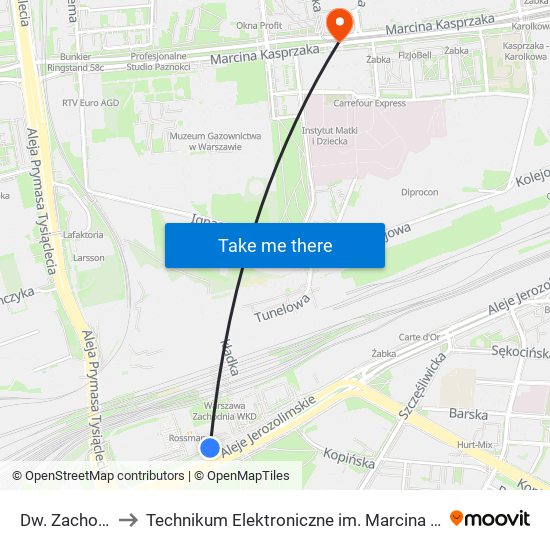 Dw. Zachodni 03 to Technikum Elektroniczne im. Marcina Kasprzaka nr 36 map