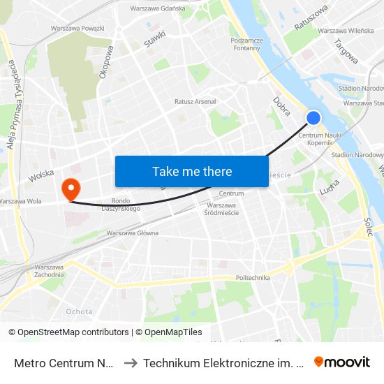 Metro Centrum Nauki Kopernik 02 to Technikum Elektroniczne im. Marcina Kasprzaka nr 36 map