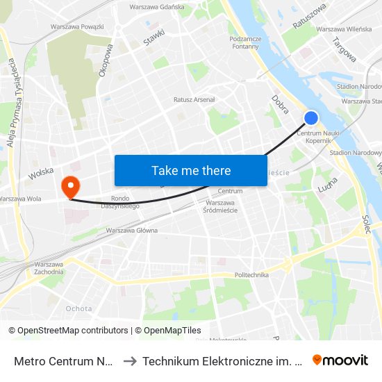 Metro Centrum Nauki Kopernik 01 to Technikum Elektroniczne im. Marcina Kasprzaka nr 36 map