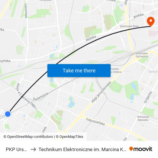 PKP Ursus 01 to Technikum Elektroniczne im. Marcina Kasprzaka nr 36 map