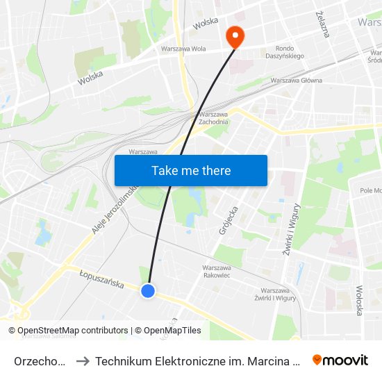 Orzechowa to Technikum Elektroniczne im. Marcina Kasprzaka nr 36 map