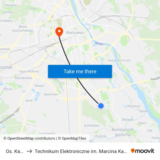 Os. Kabaty to Technikum Elektroniczne im. Marcina Kasprzaka nr 36 map