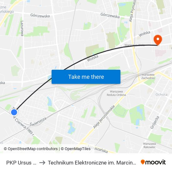 PKP Ursus Płn. 04 to Technikum Elektroniczne im. Marcina Kasprzaka nr 36 map