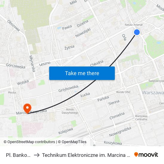 Pl. Bankowy to Technikum Elektroniczne im. Marcina Kasprzaka nr 36 map