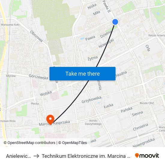 Anielewicza 01 to Technikum Elektroniczne im. Marcina Kasprzaka nr 36 map