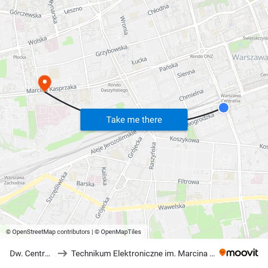 Dw. Centralny to Technikum Elektroniczne im. Marcina Kasprzaka nr 36 map