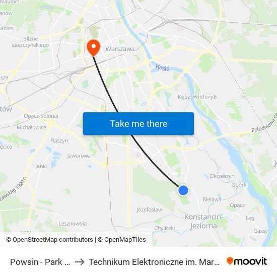 Powsin - Park Kultury 01 to Technikum Elektroniczne im. Marcina Kasprzaka nr 36 map