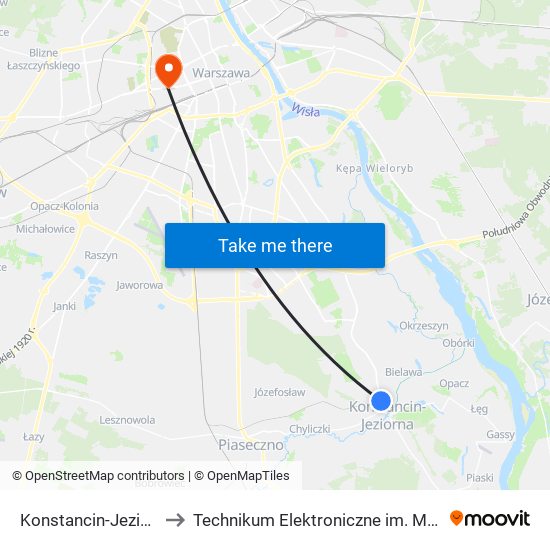 Konstancin-Jeziorna Polna to Technikum Elektroniczne im. Marcina Kasprzaka nr 36 map