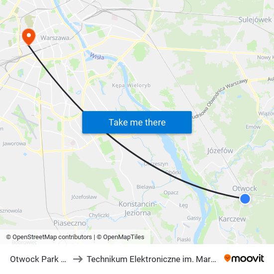 Otwock Park Miejski to Technikum Elektroniczne im. Marcina Kasprzaka nr 36 map