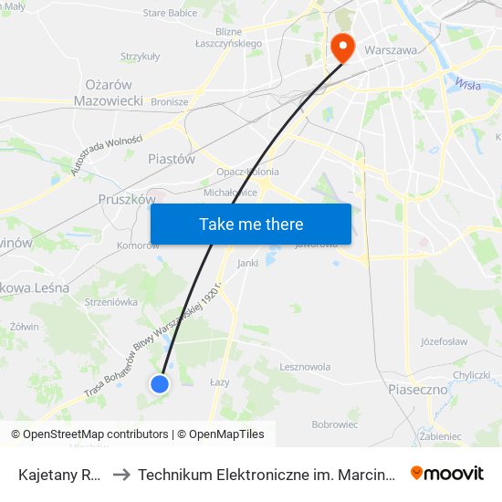 Kajetany Rolna 02 to Technikum Elektroniczne im. Marcina Kasprzaka nr 36 map