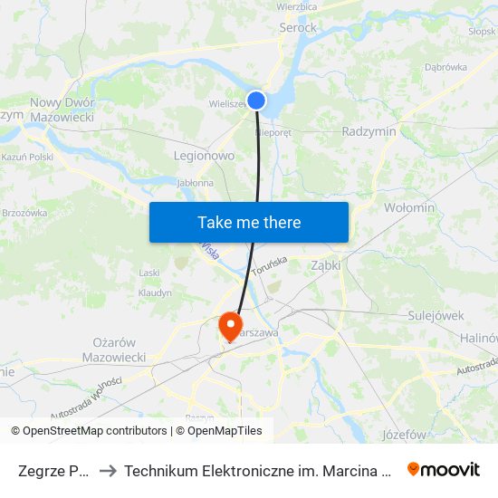 Zegrze Płd. to Technikum Elektroniczne im. Marcina Kasprzaka nr 36 map