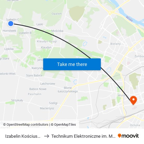 Izabelin Kościuszki - Szkoła 02 to Technikum Elektroniczne im. Marcina Kasprzaka nr 36 map