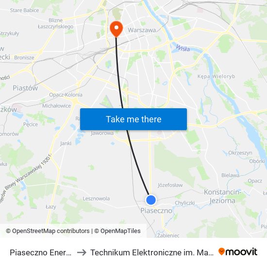 Piaseczno Energetyczna 01 to Technikum Elektroniczne im. Marcina Kasprzaka nr 36 map