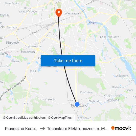 Piaseczno Kusocińskiego 01 to Technikum Elektroniczne im. Marcina Kasprzaka nr 36 map