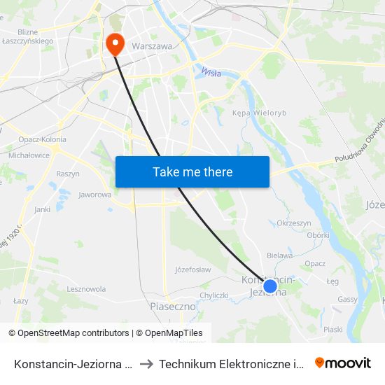 Konstancin-Jeziorna CH Stara Papiernia 02 to Technikum Elektroniczne im. Marcina Kasprzaka nr 36 map