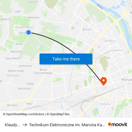 Klaudyn to Technikum Elektroniczne im. Marcina Kasprzaka nr 36 map