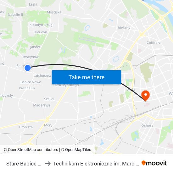 Stare Babice Rynek 01 to Technikum Elektroniczne im. Marcina Kasprzaka nr 36 map